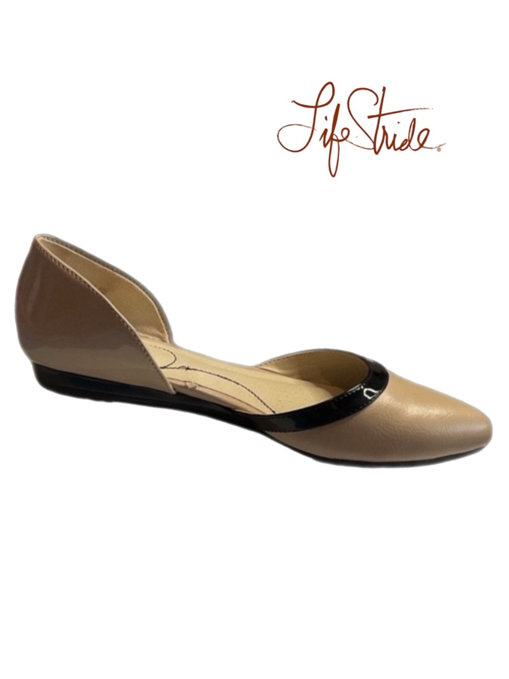 Life Stride Quintessa D'Orsay Flats 8 Taupe and Black Patent Leather